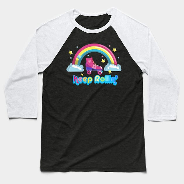 Keep Rolling Roller Skating Rainbow Seventies Style Baseball T-Shirt by LittleBunnySunshine